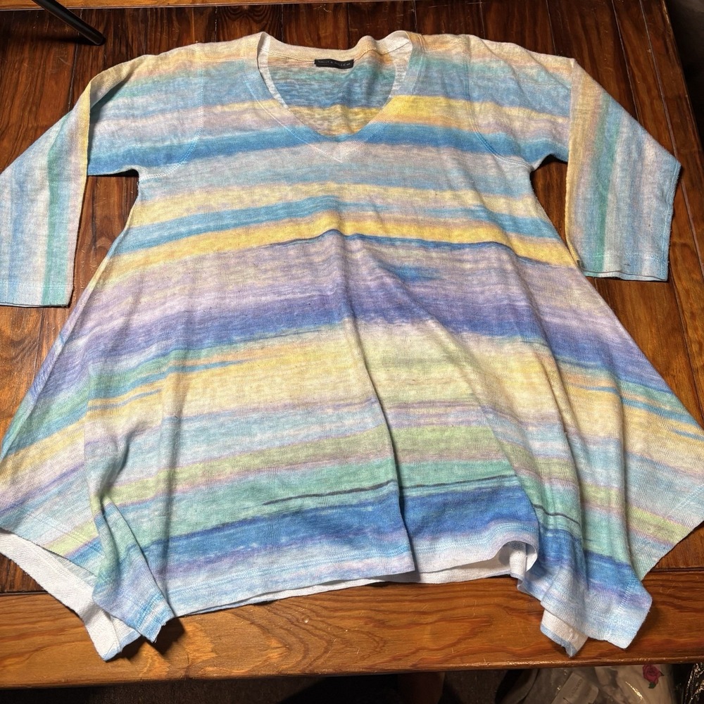 Nally & Millie Abstract Stripe Sweater V-Neck Blue Yellow Beach Asymmetric Hem M